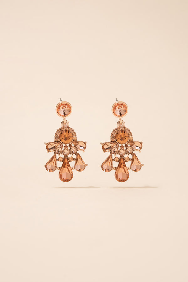 Janet 2 Tier Teardrop Rhinestone Crystal Cluster Drop Dangle Earrings - Peach