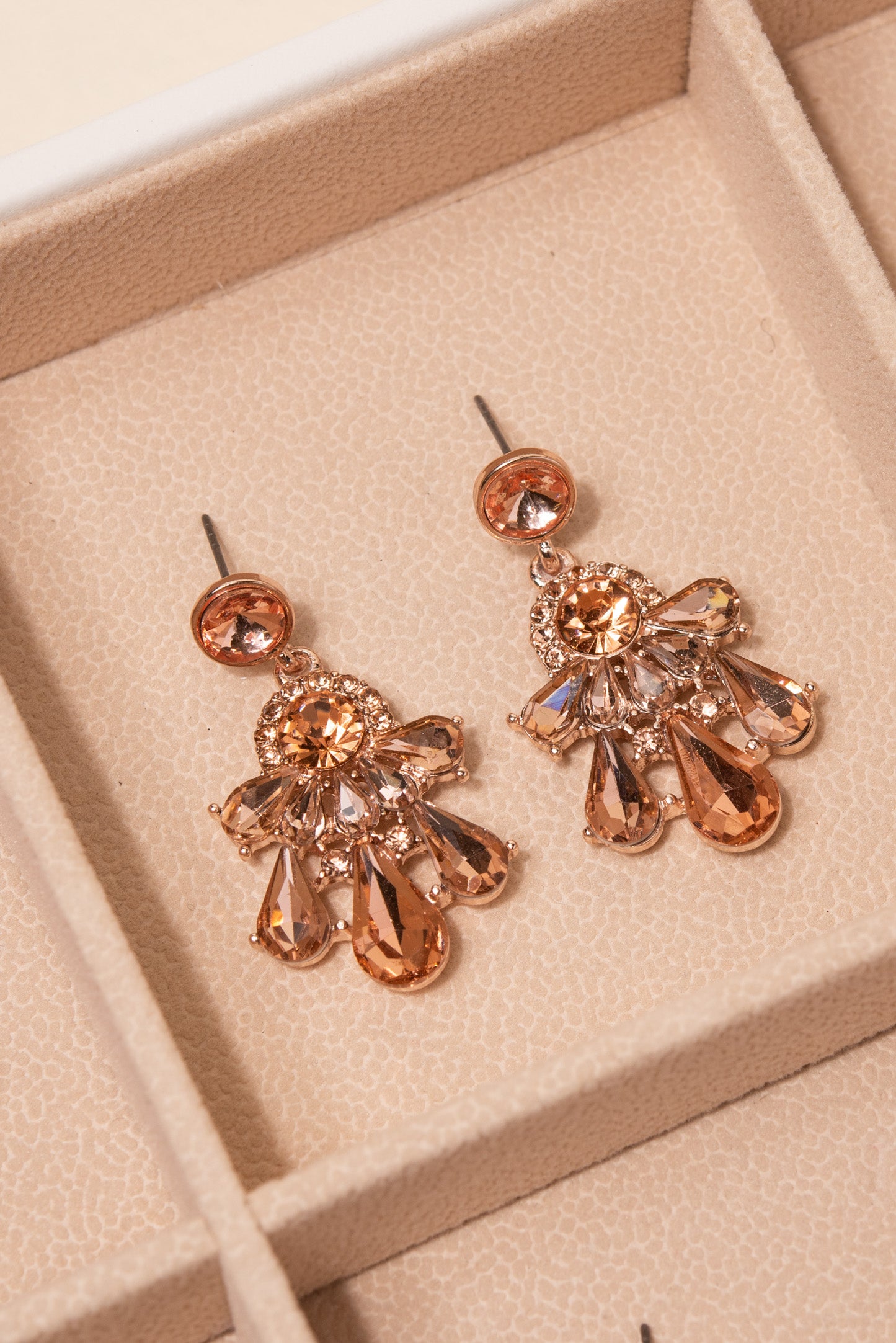 Janet 2 Tier Teardrop Rhinestone Crystal Cluster Drop Dangle Earrings - Peach