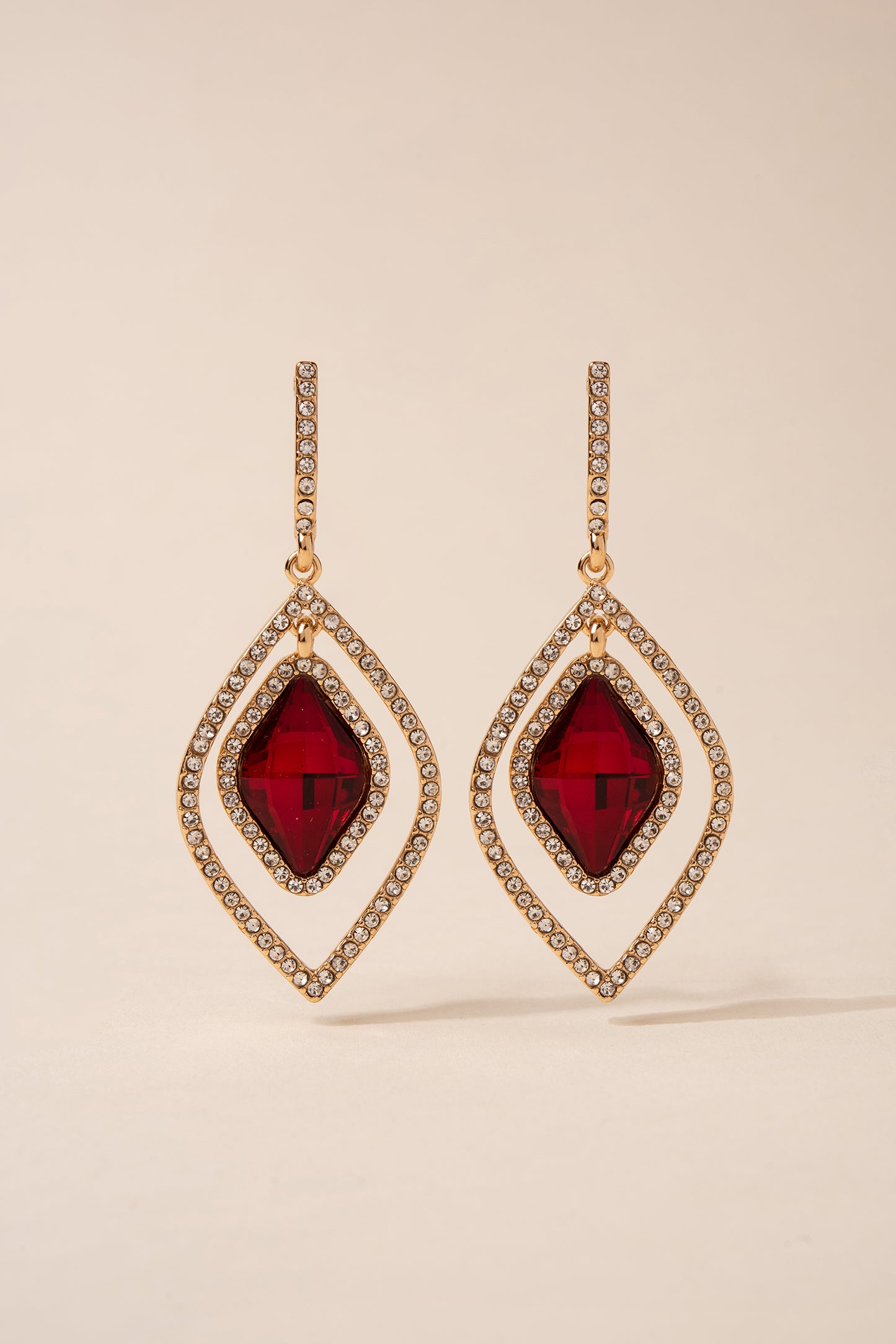 Glass Rhinestone Drop Earrings - Red