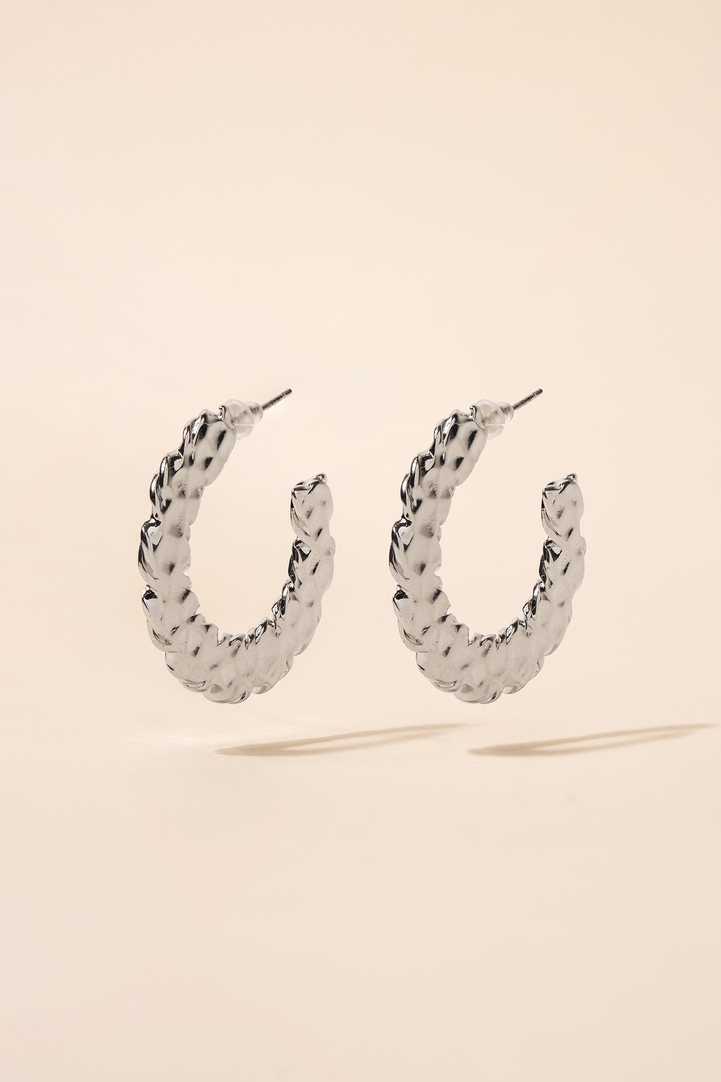 White Gold Plated Twisted Metal Mini Hoop Earrings - Silver
