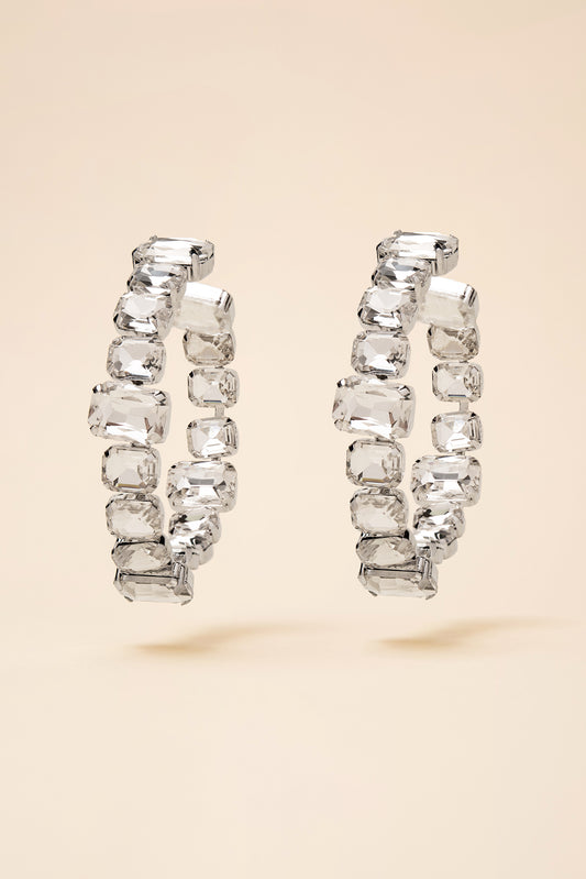 Eliana Large & Small Rectangle Rhinestone Crystals Hoop Earrings - Silver
