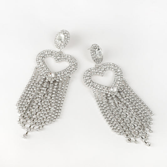 Infinity Heart Rhinestone Fringe Earrings - Silver