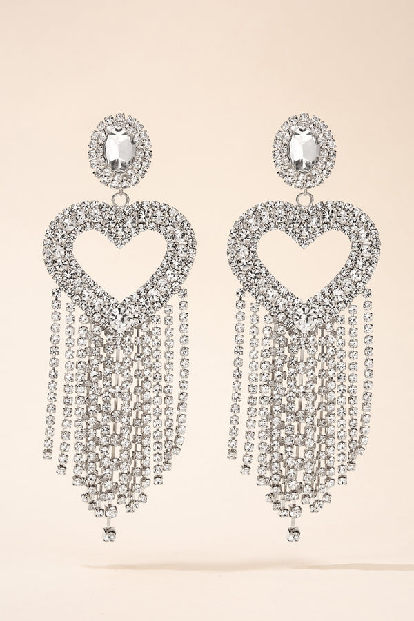 Infinity Heart Rhinestone Fringe Earrings - Silver