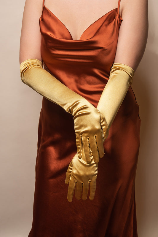Genevieve Elbow Length Satin Gloves - Gold
