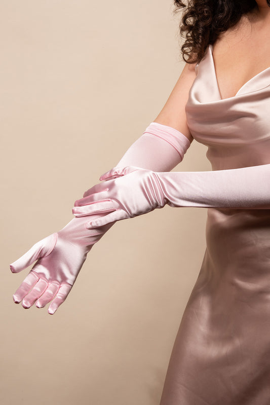 Genevieve Arm Length Satin Gloves - Pink