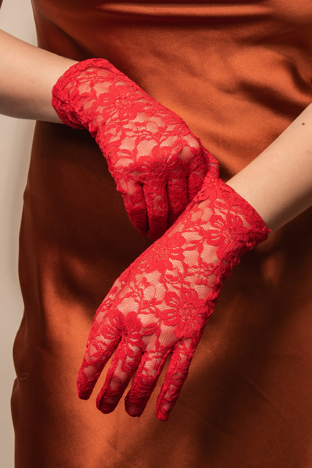 Katherine Wrist Length Laced Gloves - Red