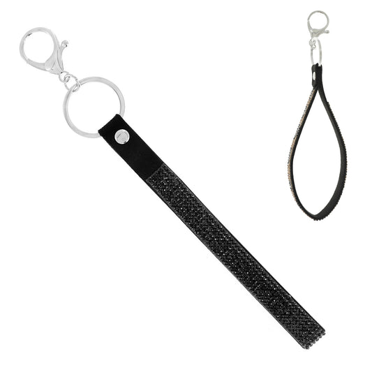 Fashion Rhinestone Wristlet Lanyard Strap Keychain - Black