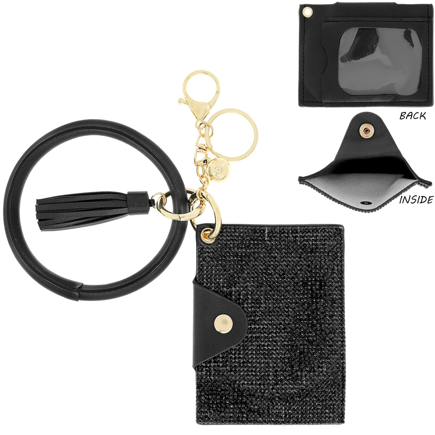 Fashion Rhinestone Wallet Keychain Key Ring with Tassel - Black