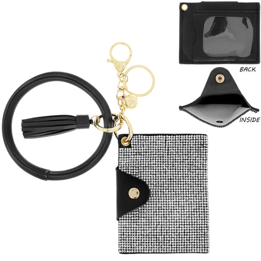 Fashion Rhinestone Wallet Keychain Key Ring with Tassel - Silver
