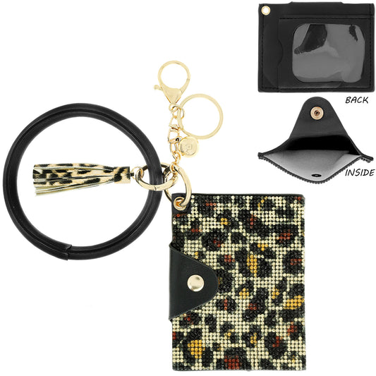 Fashion Rhinestone Wallet Keychain Key Ring with Tassel - Leopard