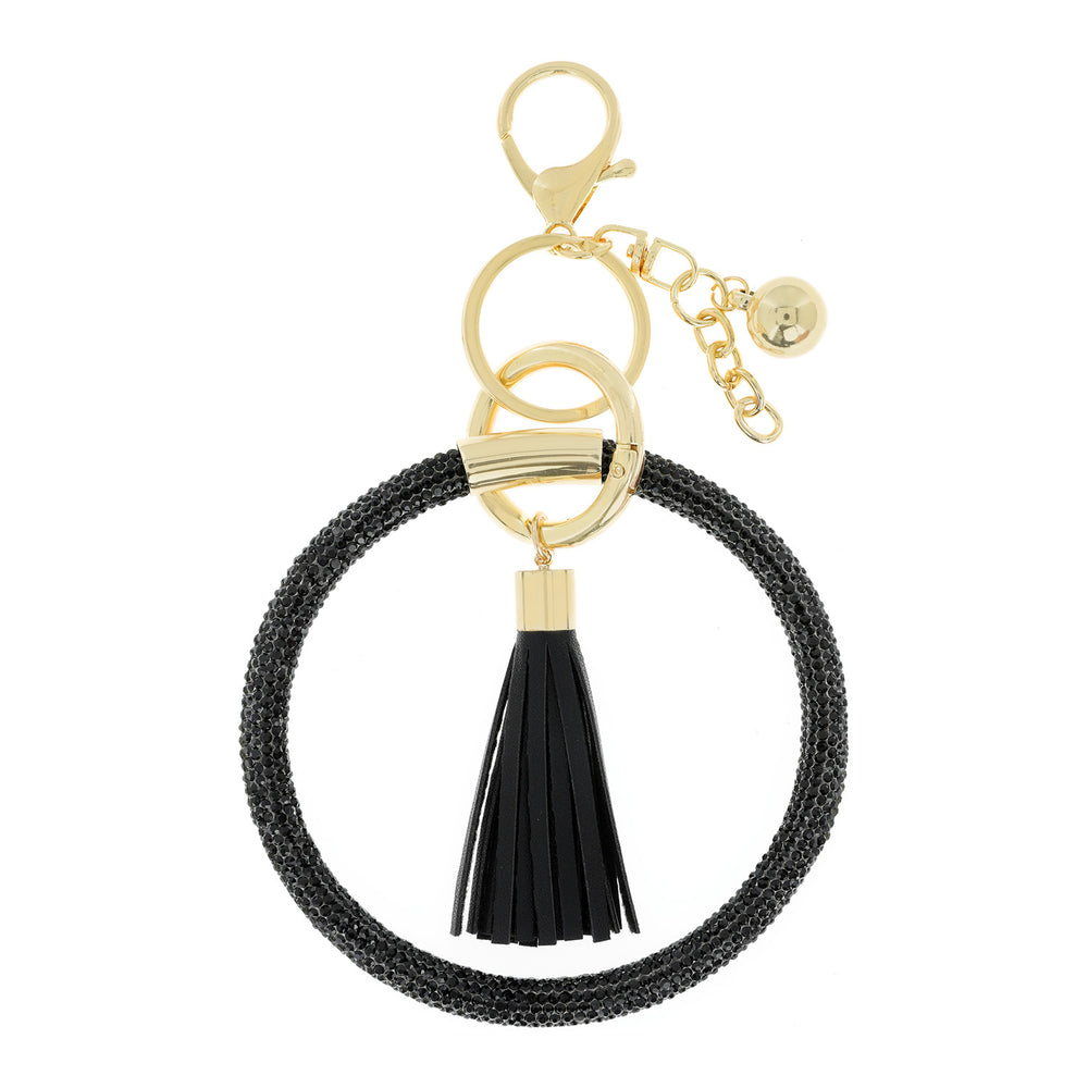 Rhinestone Wristlet Keyring Keychain with Tassel- Black