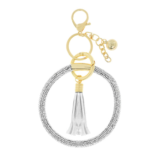 Rhinestone Wristlet Keyring Keychain with Tassel- Silver
