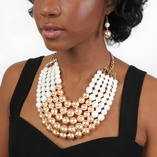 Josephine 5 Strand Pearl Necklace & Earring Set - Peach/White