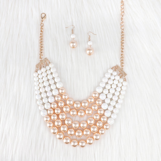Josephine 5 Strand Pearl Necklace & Earring Set - Peach/White