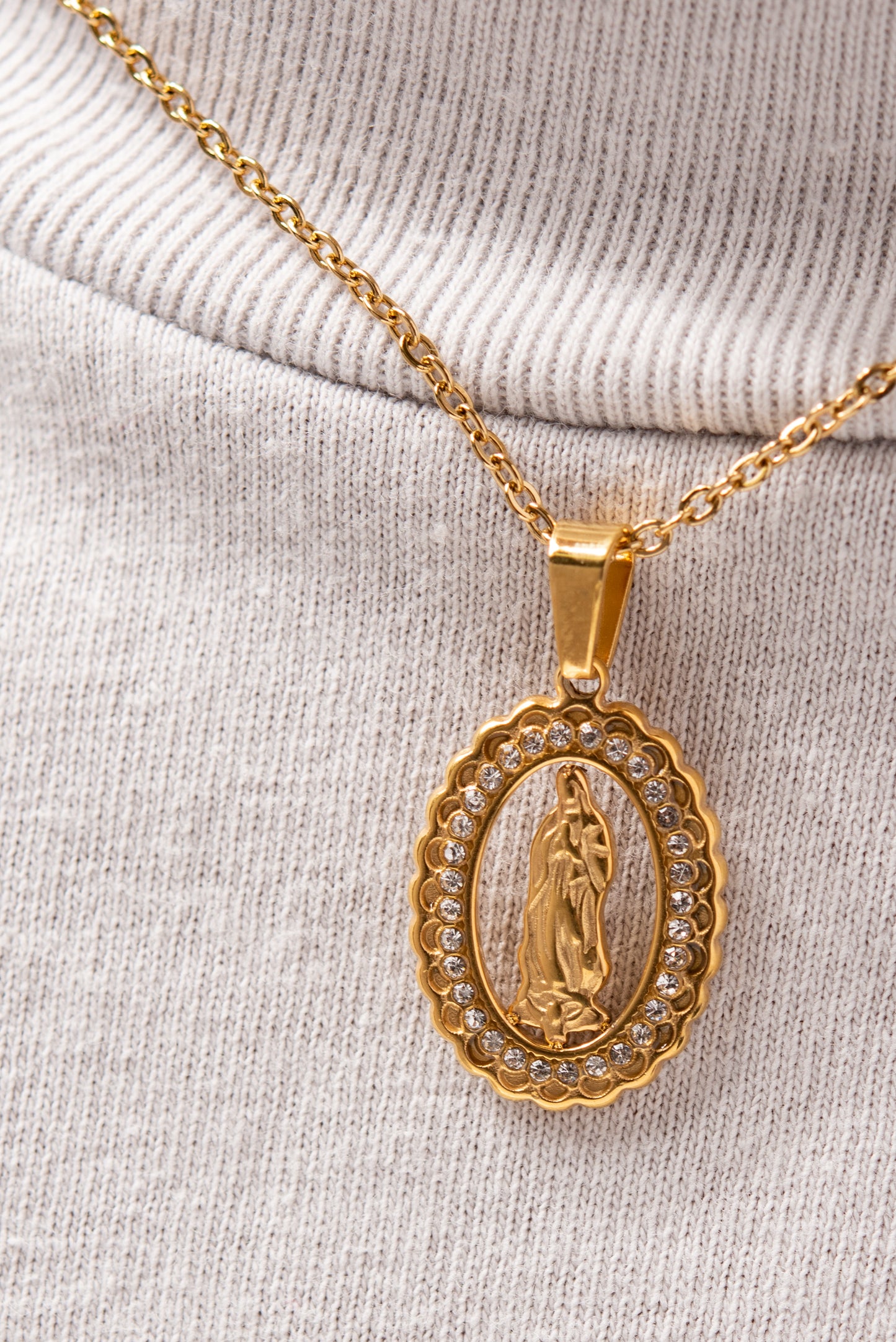 Stainless Steel Virgin Mary Pendant Cable Chain Link Necklace