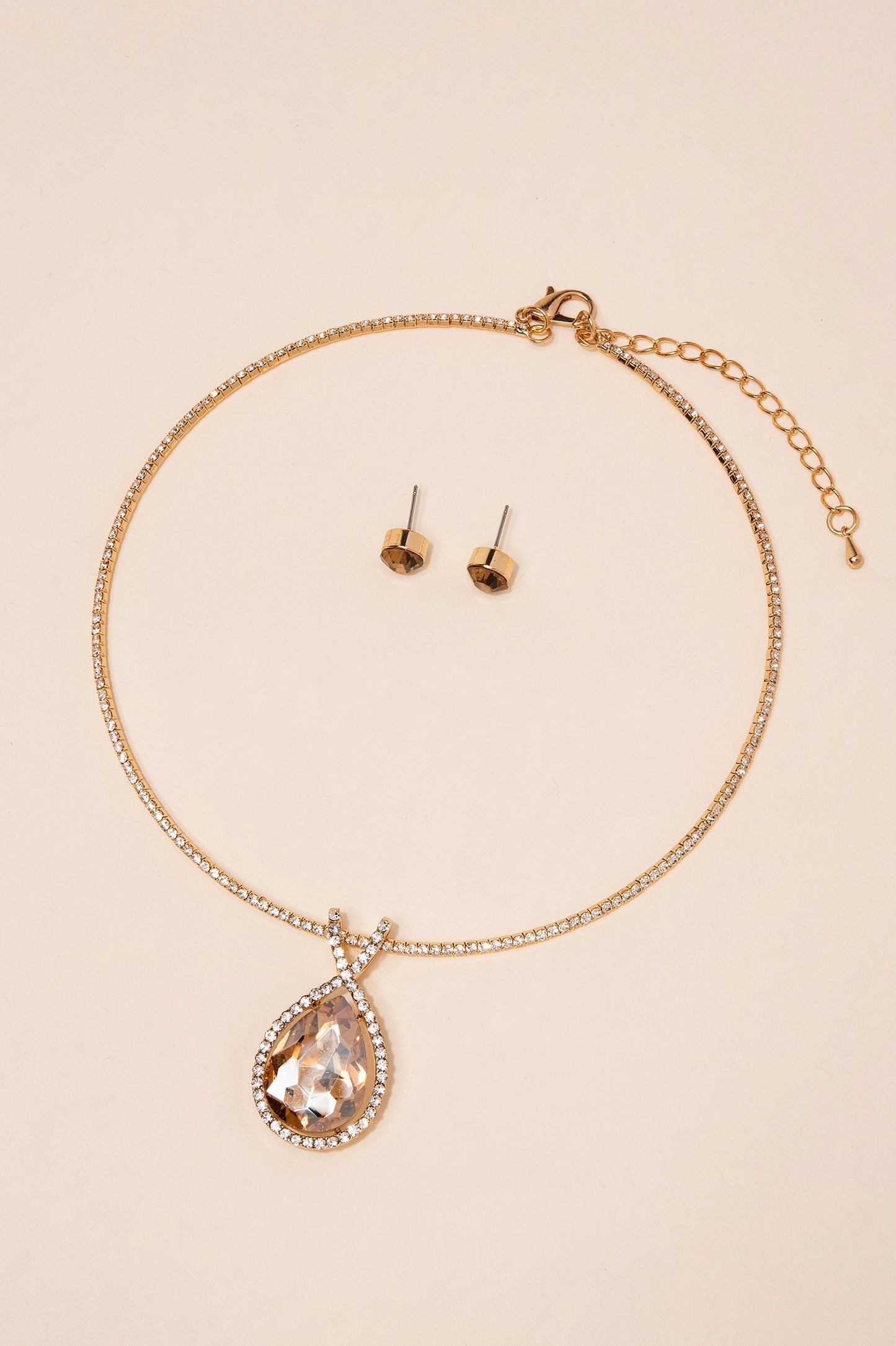 Tear Drop Stone Pendant Tennis Chain Necklace Set - Gold