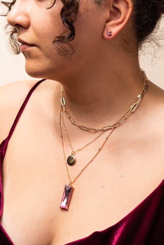 Layered Chain, Disc, and Rectangle Stone Set - Pink