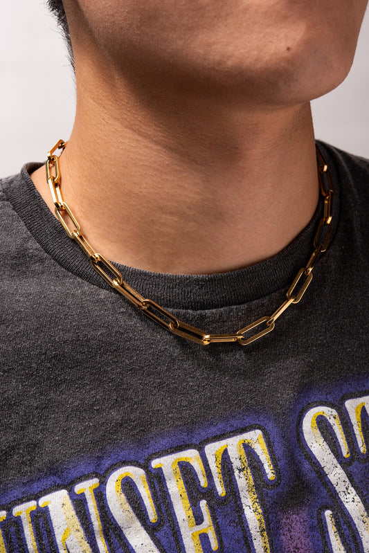 Gold Plated Stainless Steel Paper Clip Industrial Chain Necklace - Gold