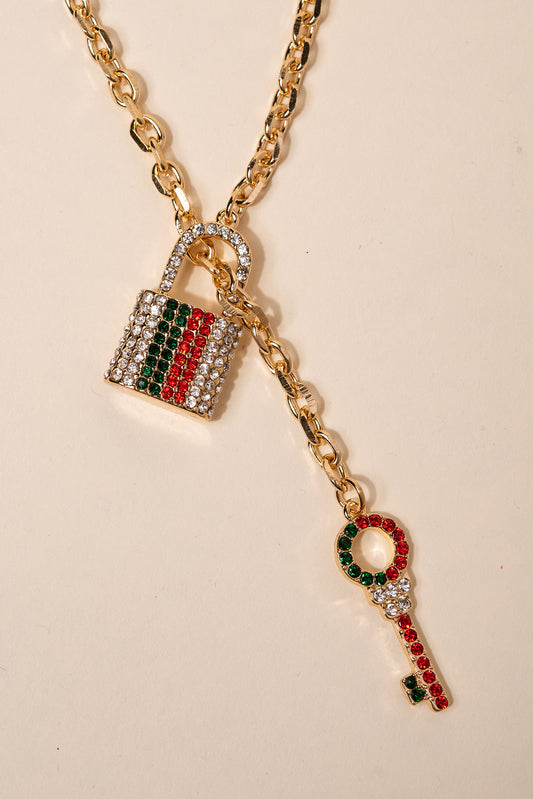 Double Layered Lock and Key Necklace Set - Gold Red Green Clear