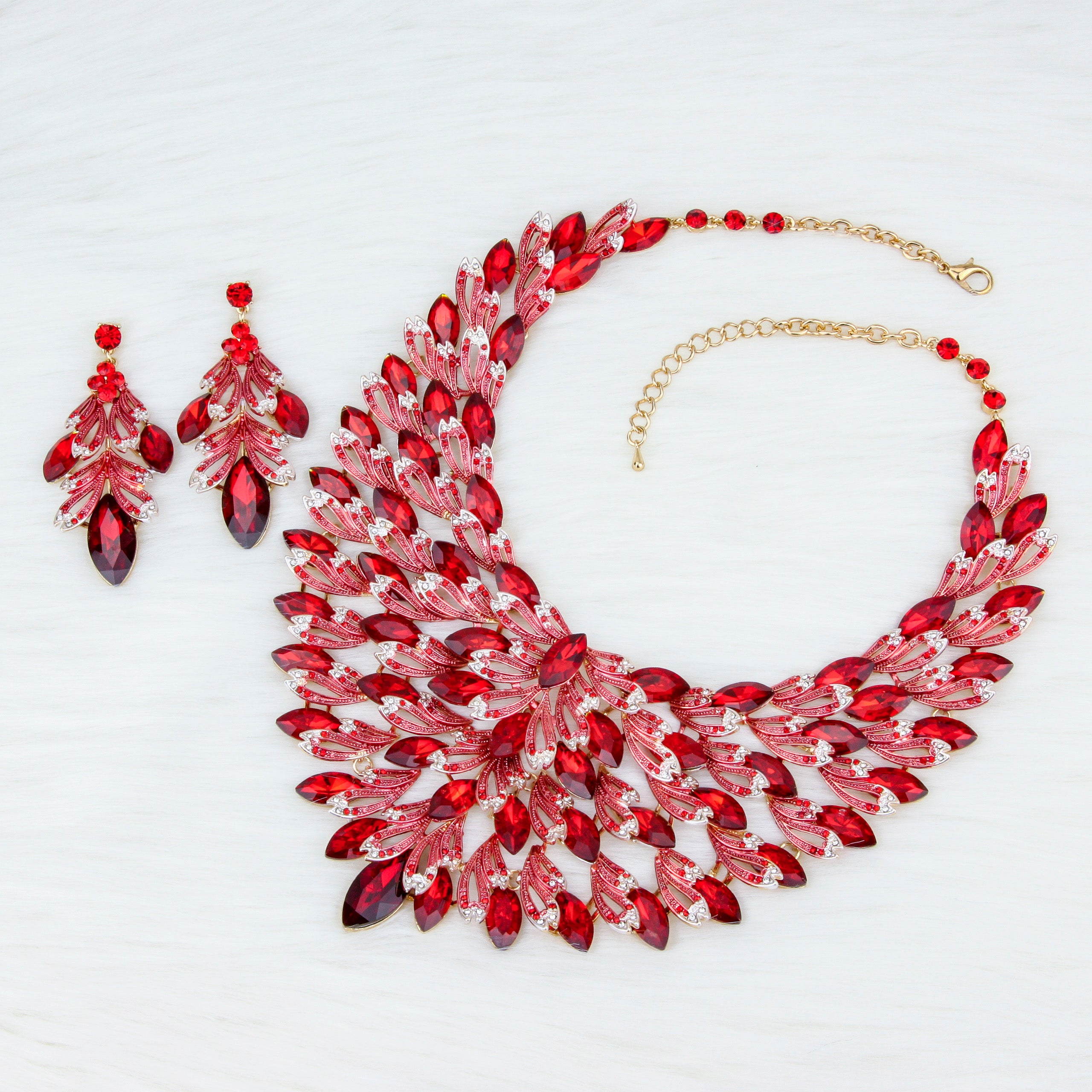 Morocco Large Statement Rhinestone Necklace & Earring Set | Red