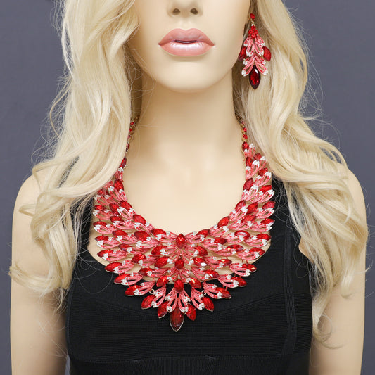 Morocco Large Statement Rhinestone Necklace & Earring Set - Red