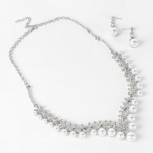 Celeste Pearl & Rhinestone Necklace & Earring Set - Silver