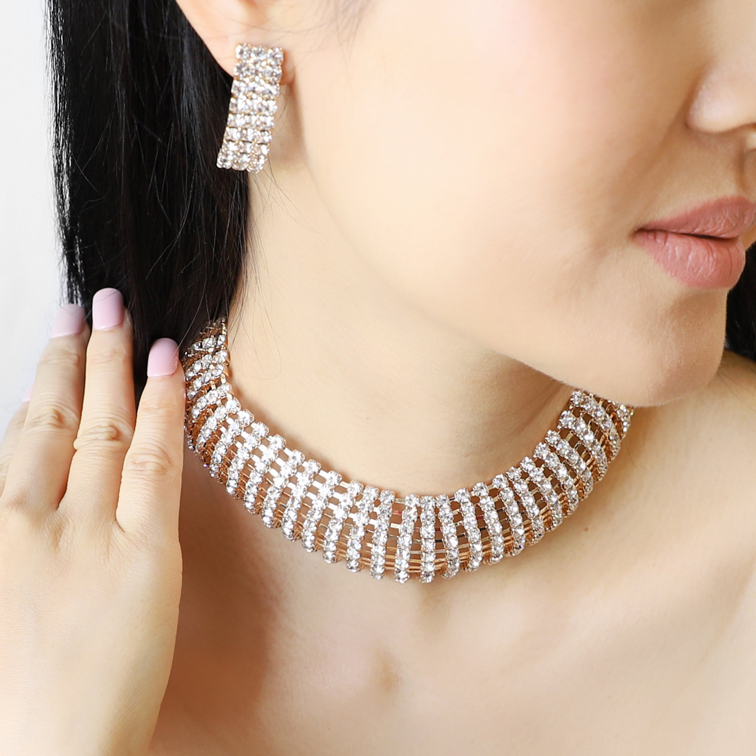 Lucy Curved Rhinestone Choker Necklace & Earring Set | Gold