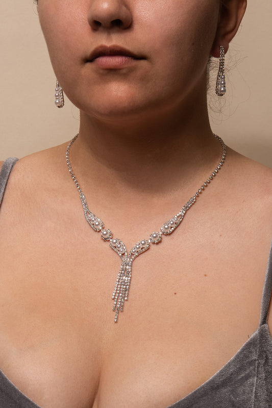 Leila Rhinestone Pave Fringe w/ Pearls Lariat Necklace & Earrings Set - Silver White