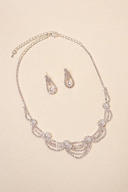 Anastasia Scalloped Rhinestone & Pearls Necklace Set