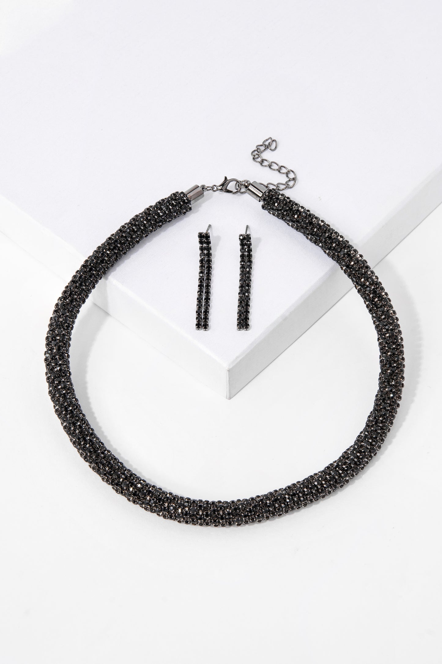 Iris Rhinestone Necklace and Earring Set - Black
