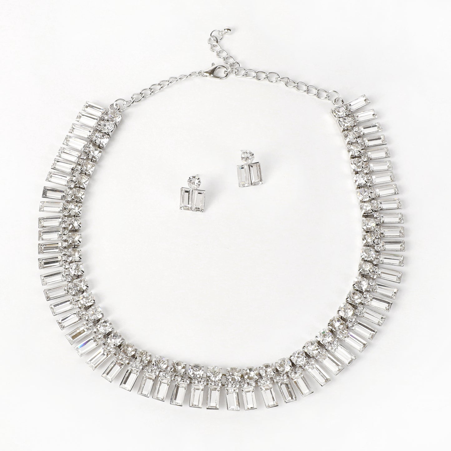 Danika Rectangular Stone Necklace & Earring Set - Silver
