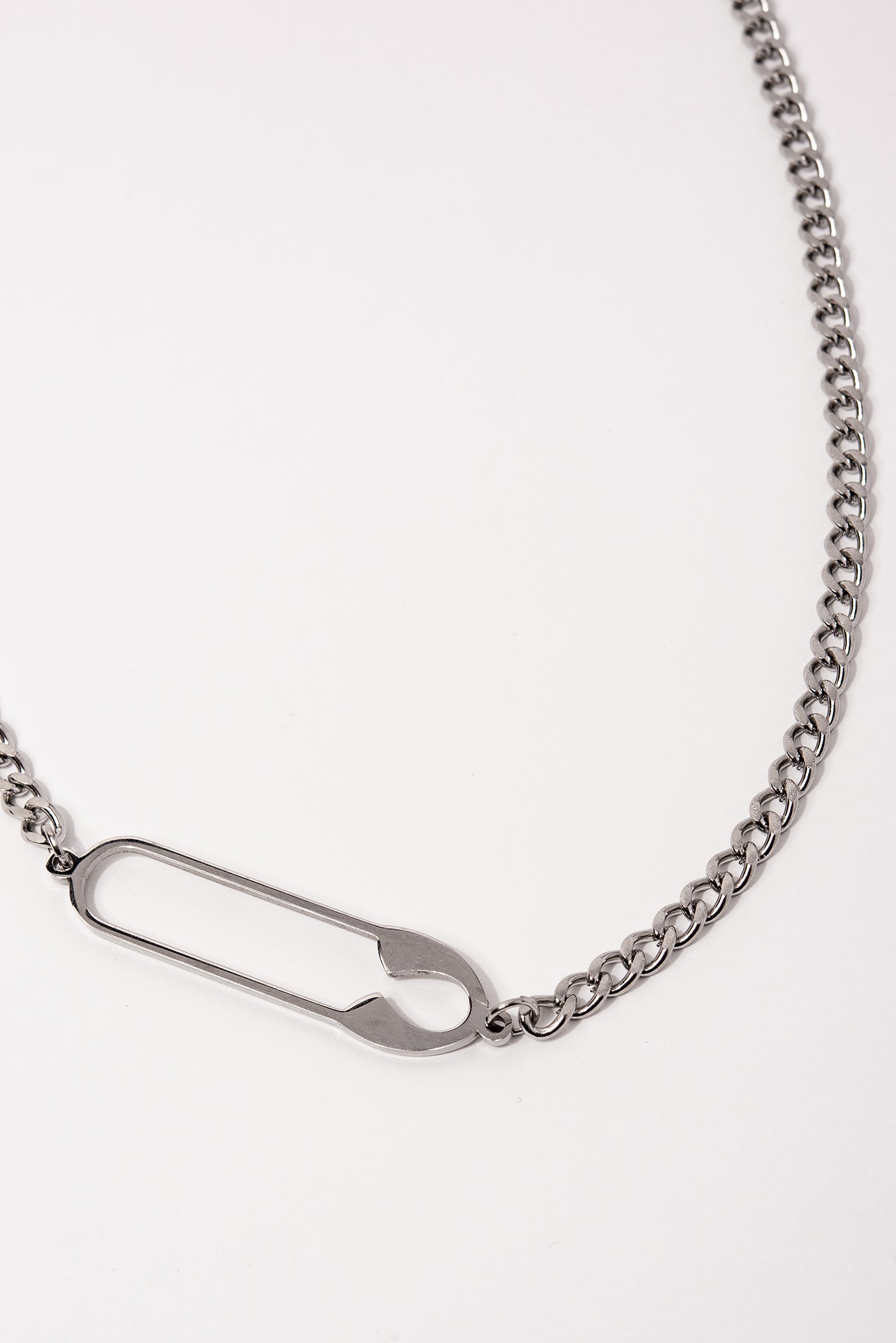Stainless Steel Curb Chain Necklace with Safety Pin Pendant