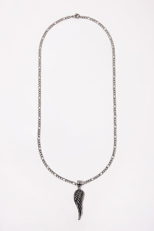 Stainless Steel Figaro Chain Necklace with Angel Wing Pendant