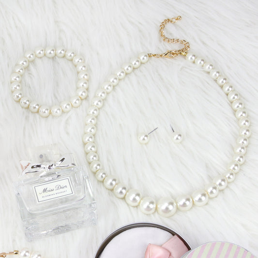 Kimberly Pearl Necklace, Earring & Bracelet Set - Cream