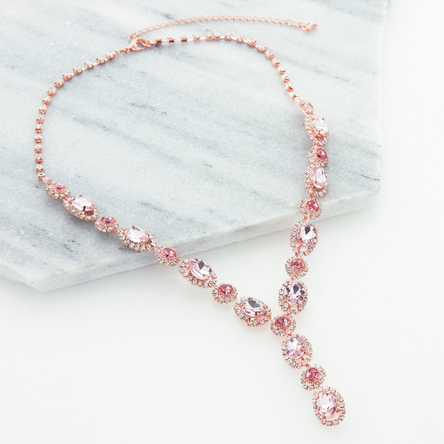 River Double Halo Y Drop Necklace & Earring Set - Pink