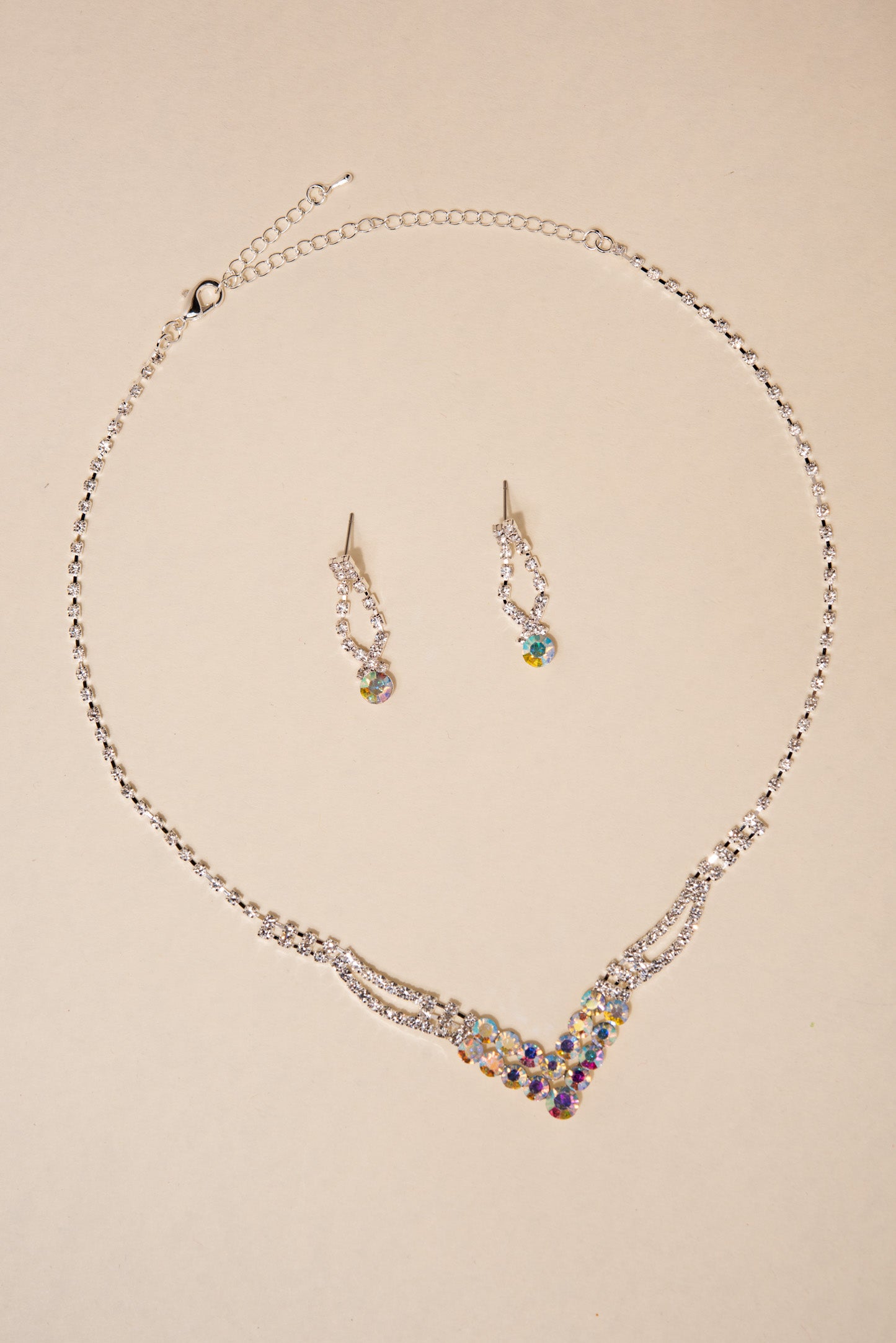 Anna Rhinestone Pave w/ Studs V Necklace & Earrings Set - Iridescent