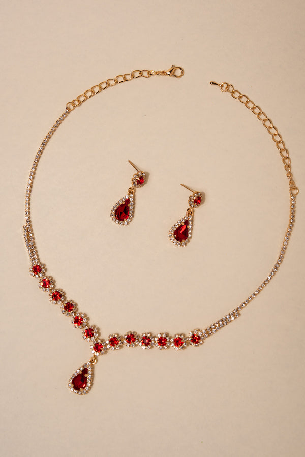 Gabby Pave Rhinestone Crystals w/ Teardrop Pendant Necklace & Earrings Set - Red