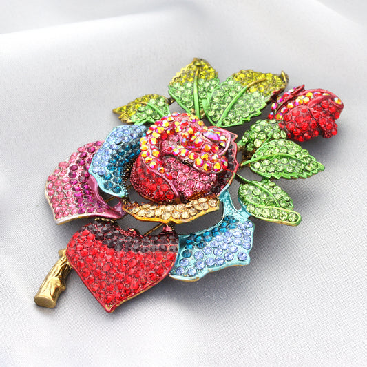 Ruby Rose With Leaves Rhinestone Brooch - Multicolor