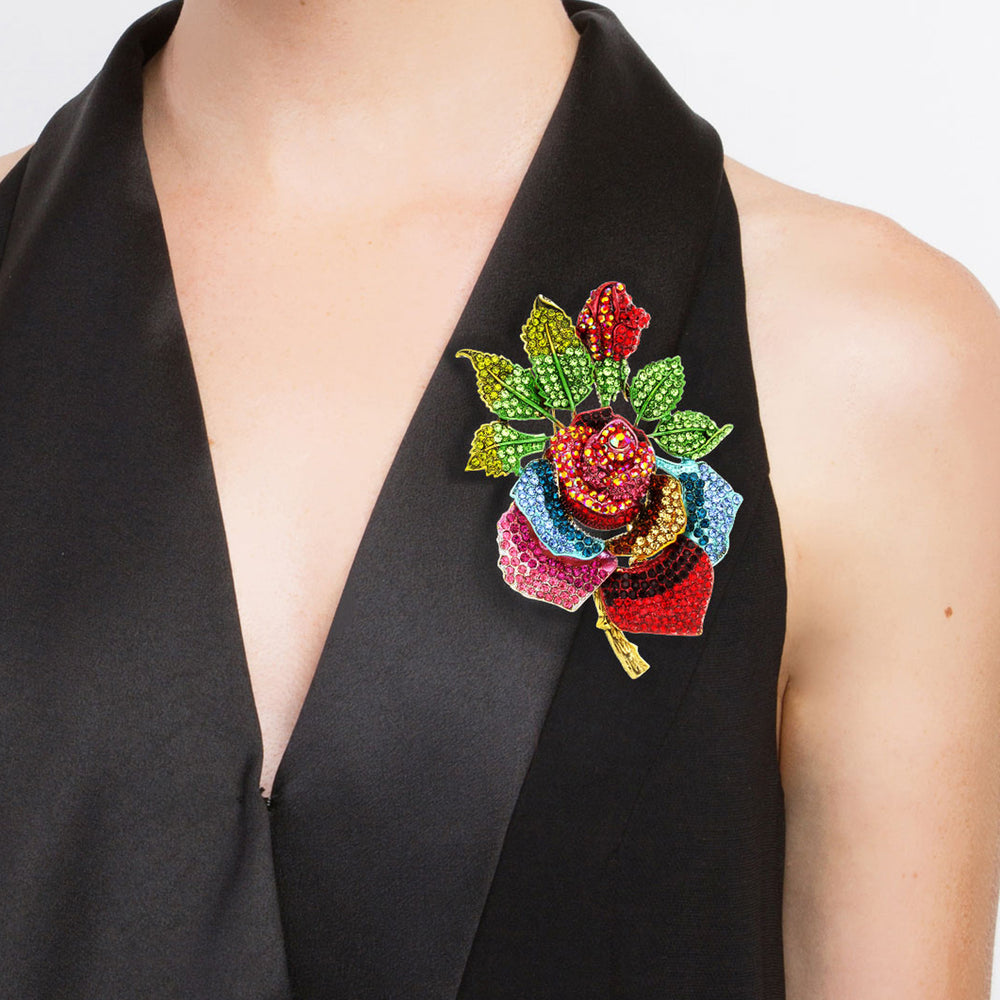Ruby Rose With Leaves Rhinestone Brooch - Multicolor