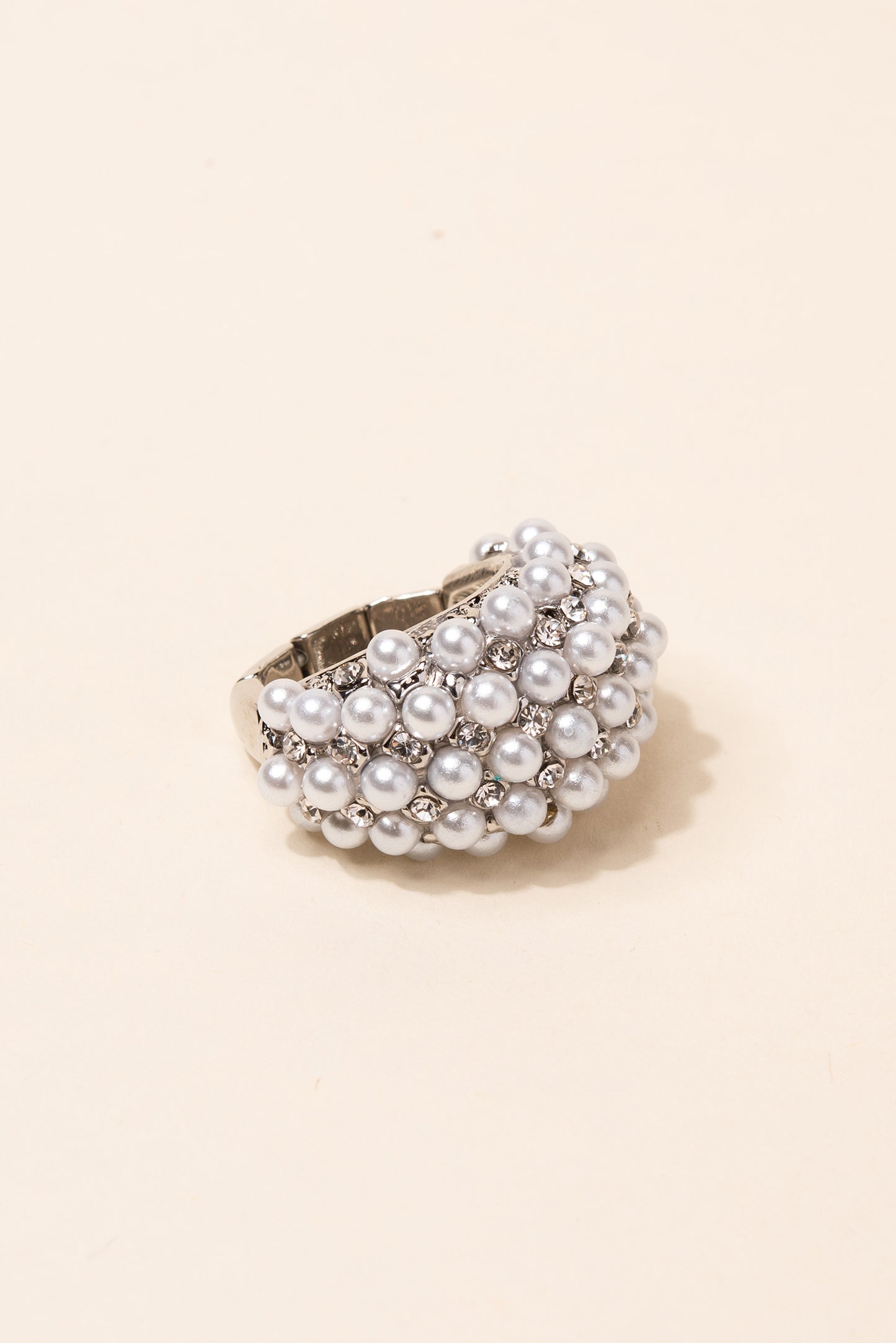 Paved Rhinestone and Pearl Bead Ring - Silver