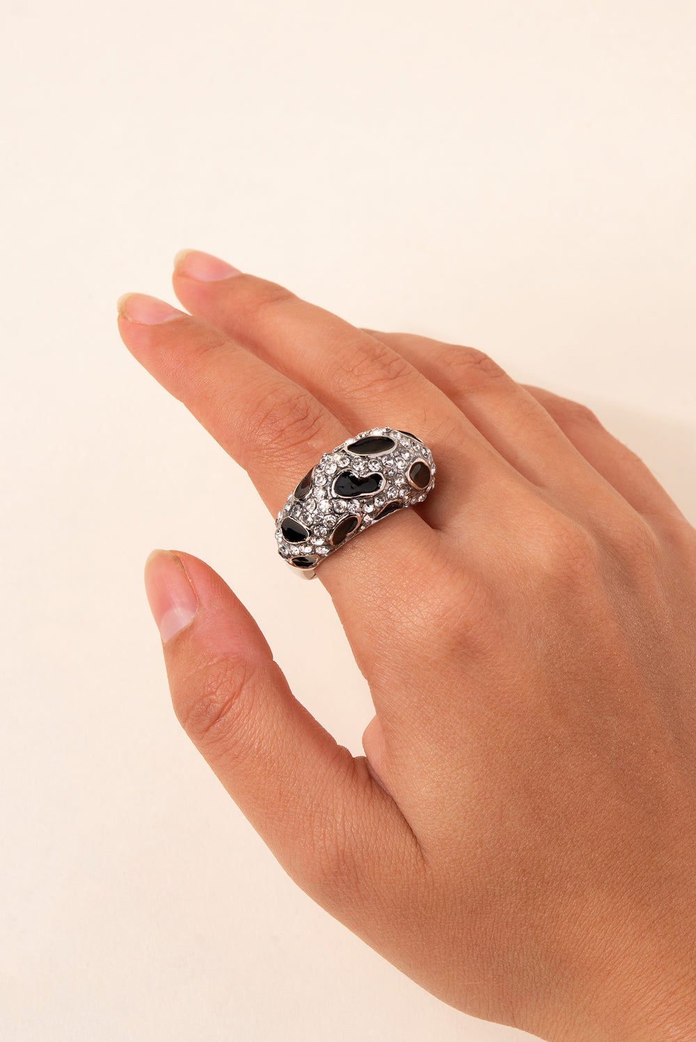 Leopard Enamel Pave Rhinestone Ring - Silver