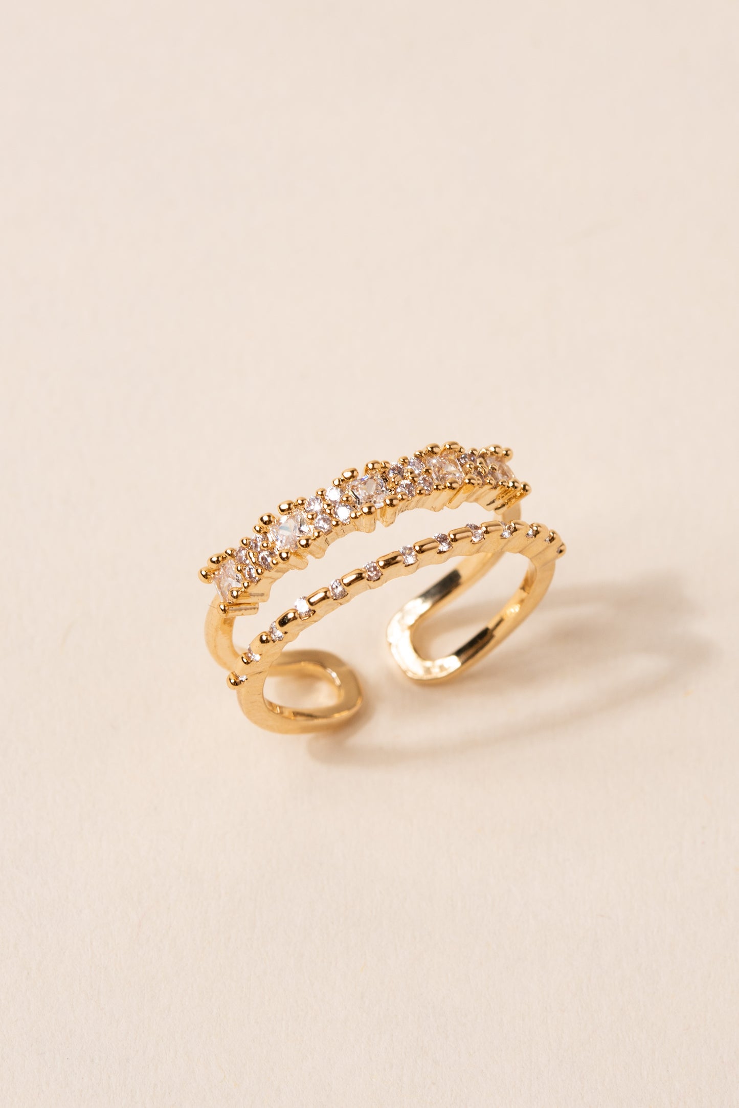 Rhinestone Double Layer Cuff Ring - Gold