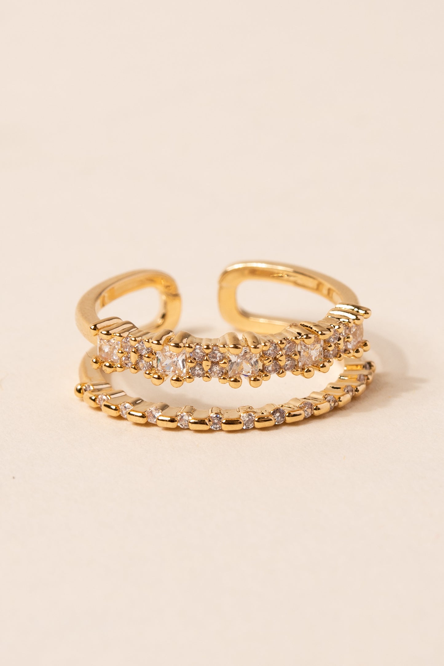 Rhinestone Double Layer Cuff Ring - Gold