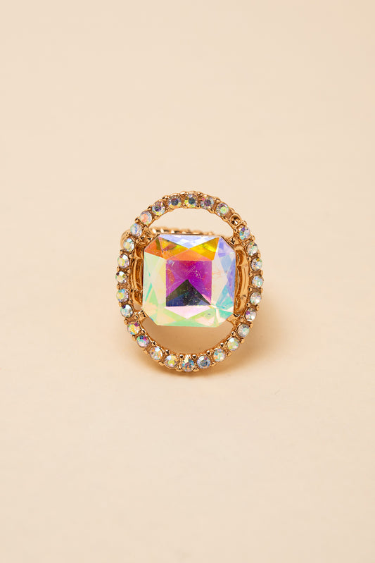 Gianna Square Rhinestone Crystal w/ Halo Stretch Ring - Iridescent