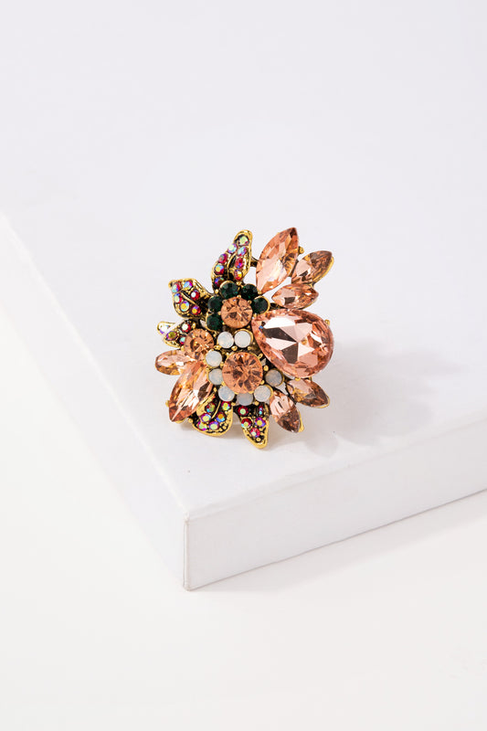 Willa Floral Rhinestone Ring - Peach