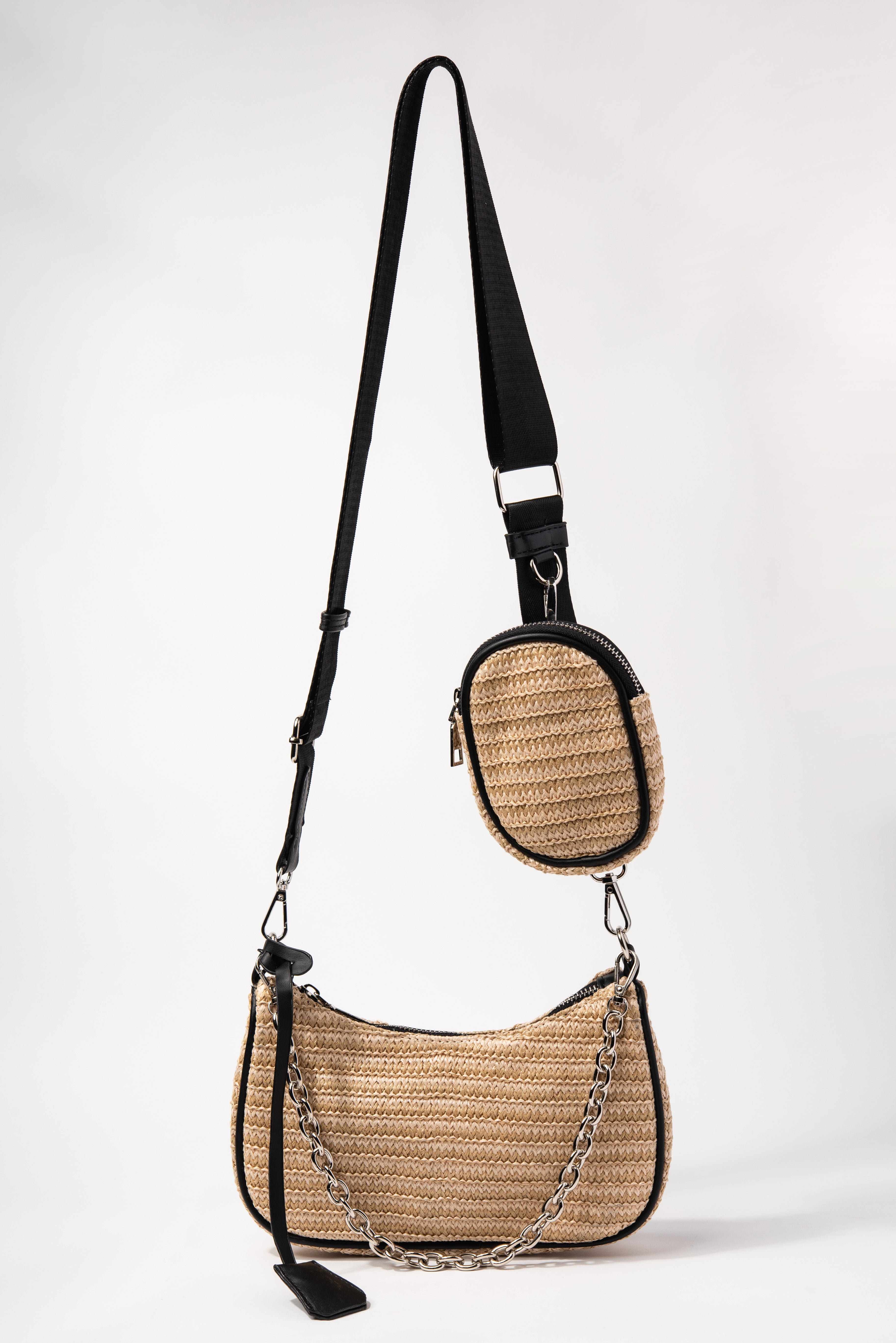Marnie Straw Crossbody Bag with Detachable Coin Purse | Black