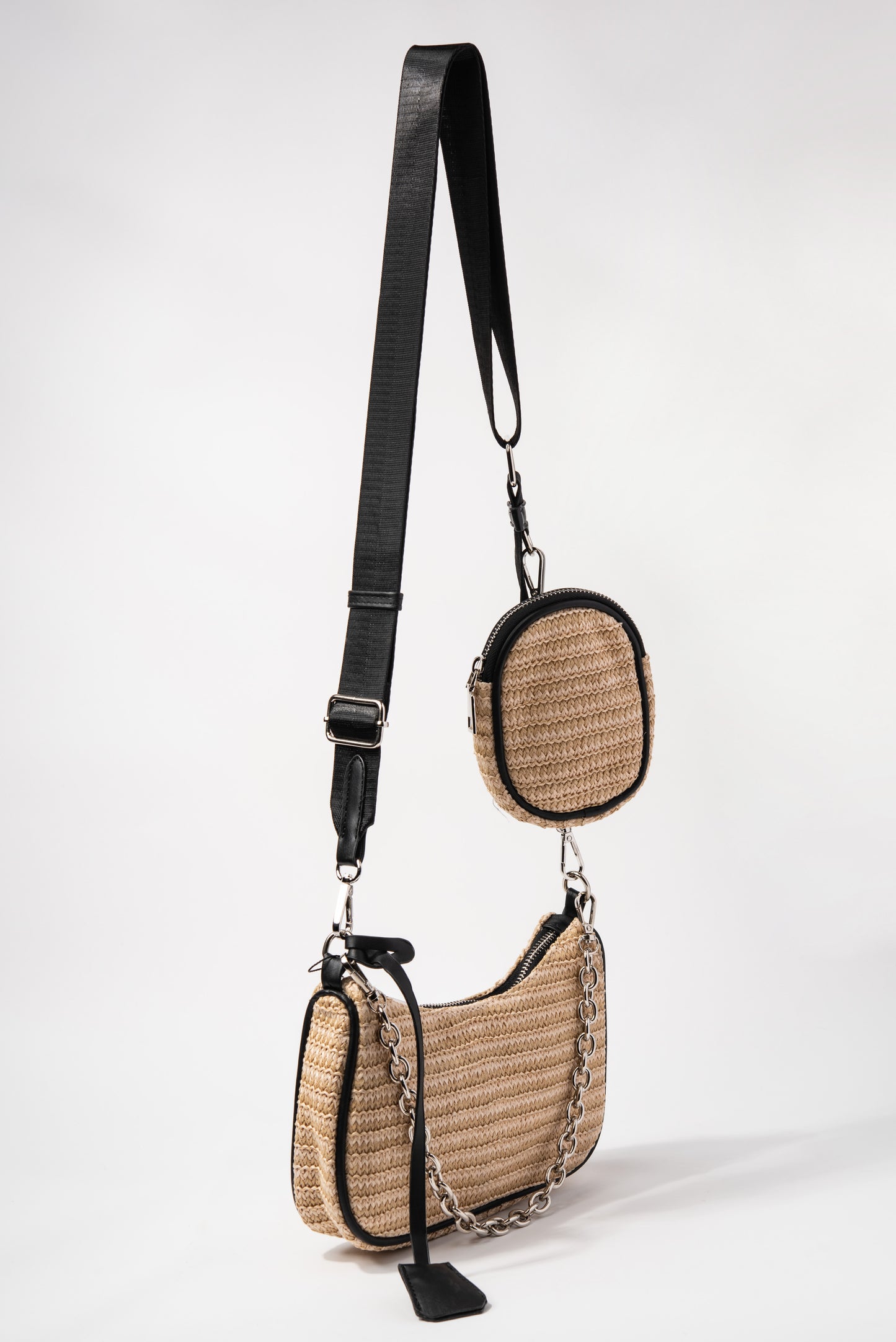 Dual Strap Straw Crossbody Shoulder Bag with Detachable Coin Purse - Black