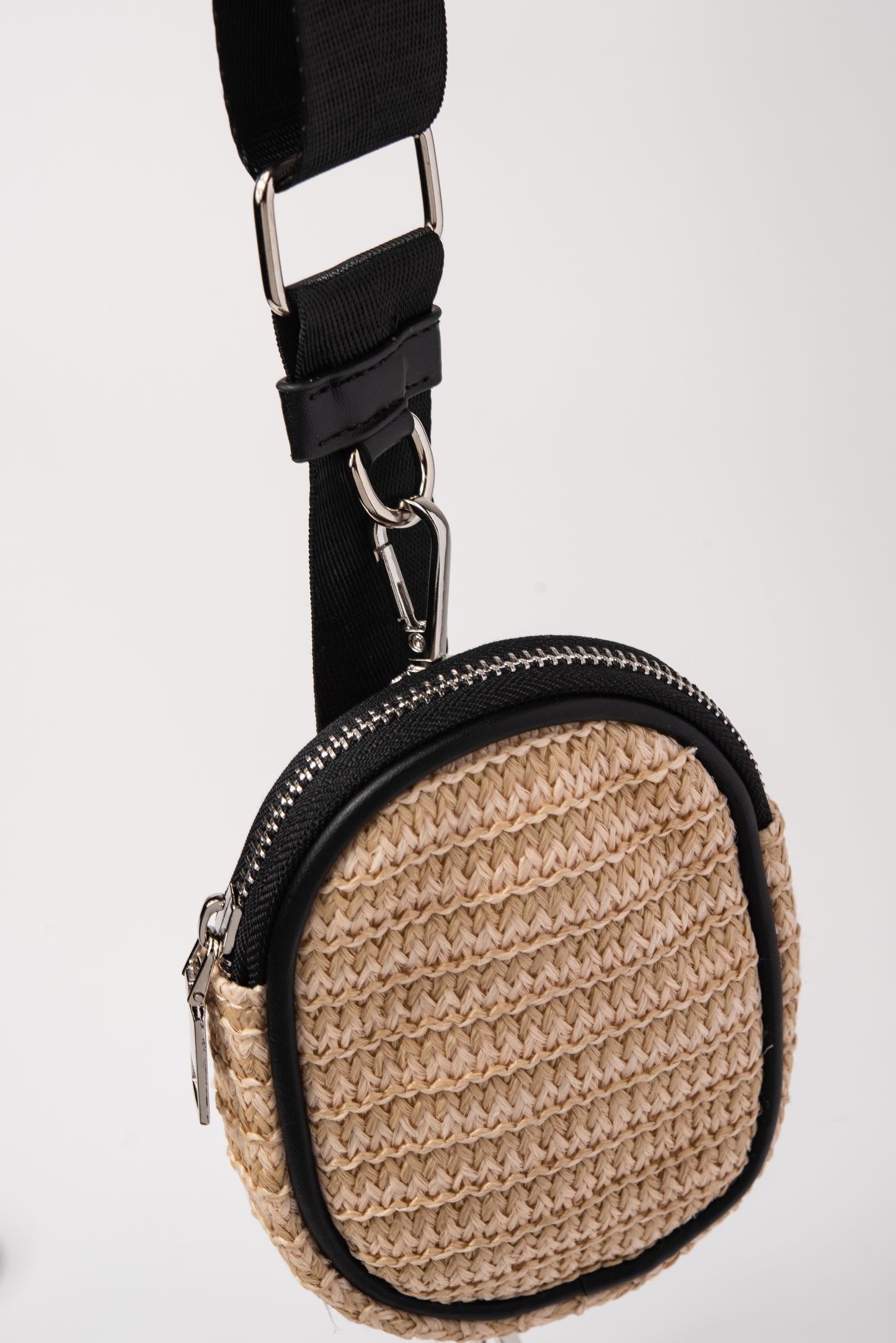 Dual Strap Straw Crossbody Shoulder Bag with Detachable Coin Purse - Black