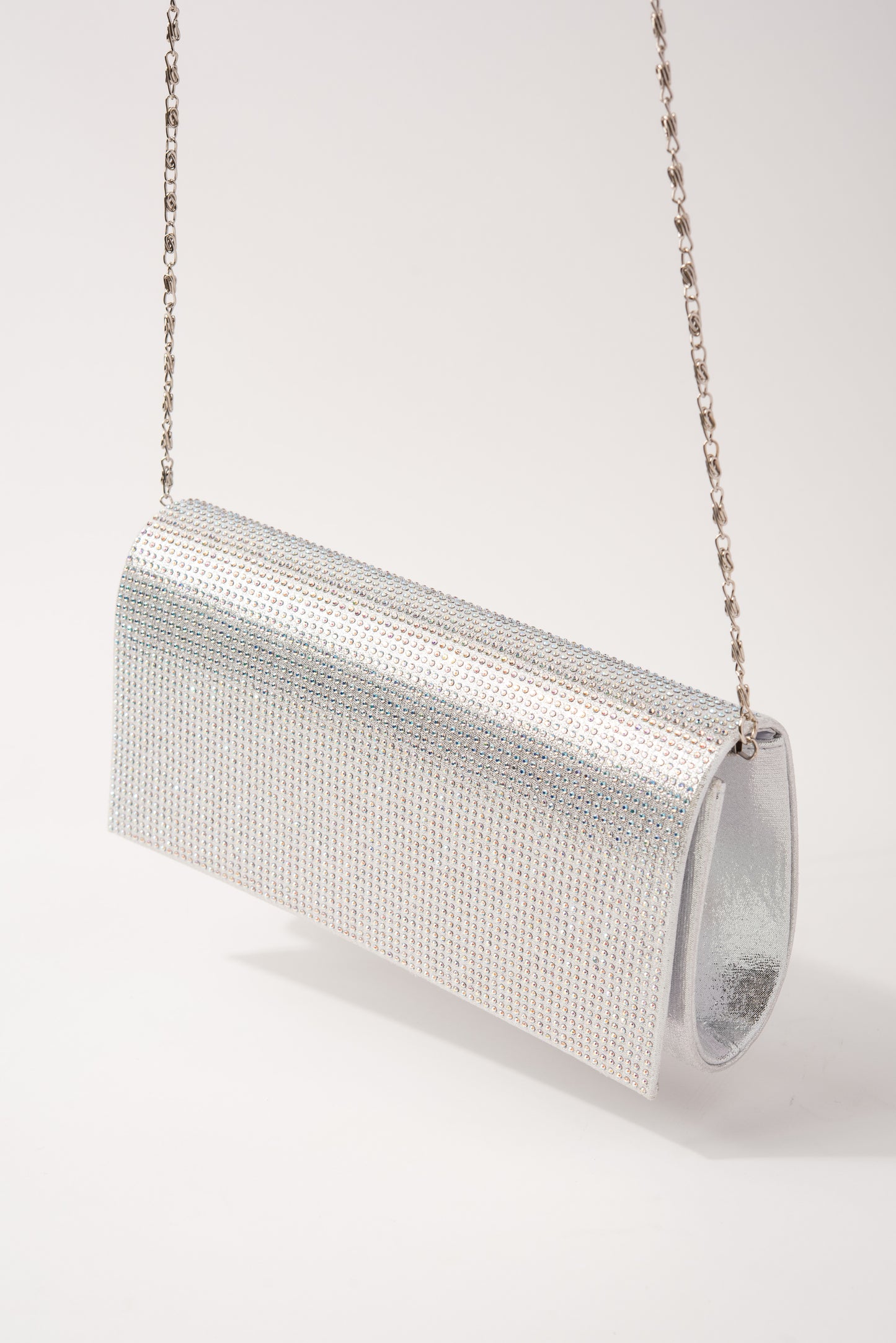Rhinestone Clutch Purse Evening Bag with Chain Strap - Silver Iridescent