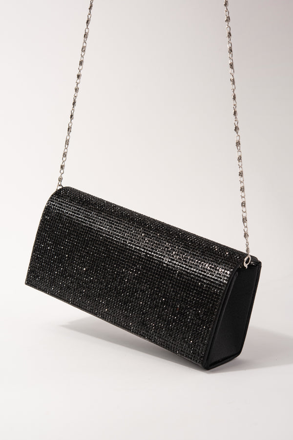 Rhinestone Embellished Clutch Purse Evening Bag with Chain Strap - Black